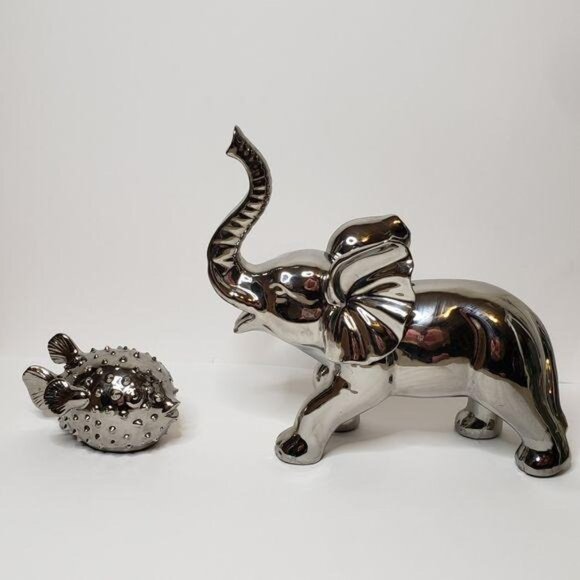 Silver Elephant & Puffer Fish Figurines Decorative Set - Picture 2 of 12